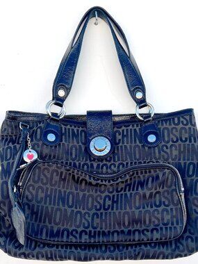 MOSCHINO Spellout Logo Monogram Jacquard Tote Shoulder Bag Patent Leather Y2K